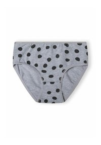 Slip grigio in cotone con motivo a pois neri, caratterizzato da una morbida fascia elastica in vita e una finitura liscia. Forma classica del slip.