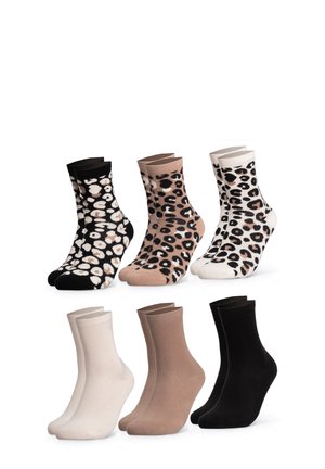Six pairs of ankle-length socks displayed, three with leopard patterns in black, brown, and white, and three solid-colored in white, brown, and black.