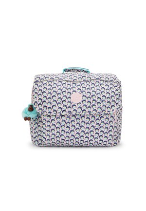 Borsa in tessuto con motivo a ventaglio nei colori rosa chiaro e blu. Presenta una maniglia superiore e un portachiavi a forma di scimmia in peluche attaccato alla cerniera.