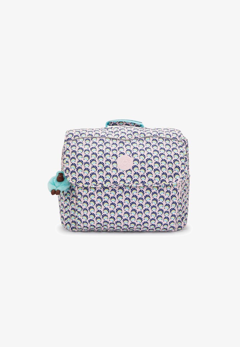 Musterte Stofftasche mit einem hellrosa und blauen Fächerdesign. Verfügt über einen oberen Griff und einen Plüschaffen-Schlüsselanhänger, der am Reißverschluss befestigt ist.