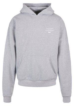 Grau Baumwollhoodie mit einer vorderen Tasche, Kordelzugkapuze, gerippten Bündchen und Saum. Mit einem weißen aufgedruckten Logo auf der Brust.