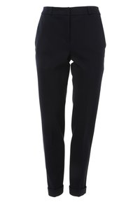 Pantalon noir slim-fit sur mesure avec ourlets retournés et passants de ceinture, présenté sur fond blanc.