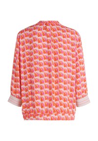 Giacca colorata e stampata con tonalità di rosa e arancione, dotata di scollatura rotonda, orlo elastico e polsini a righe.