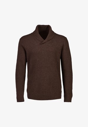 Brown knitted sweater with a high, folded collar, long sleeves, and ribbed hem. Features a textured fabric and a subtle pattern.