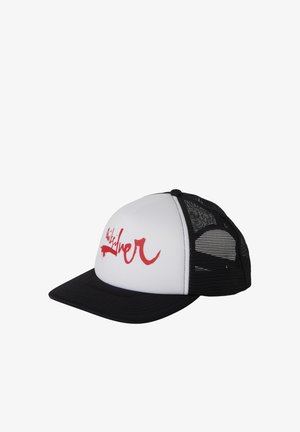 White and black snapback cap with a flat brim, featuring a red logo on the front and black mesh panels on the sides.