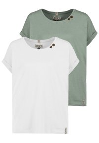 Two short-sleeve t-shirts, one white and one green. Both feature rounded necklines and decorative brown buttons on the shoulder.