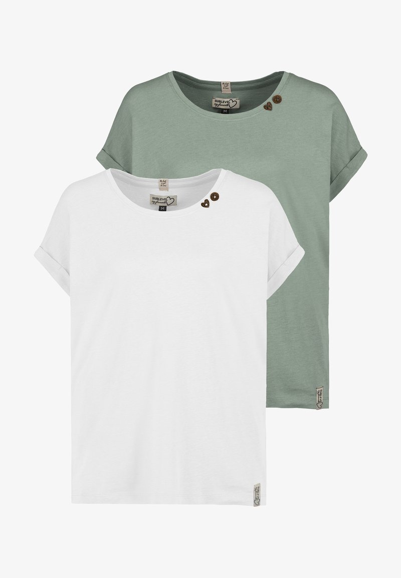 Two short-sleeve t-shirts, one white and one green. Both feature rounded necklines and decorative brown buttons on the shoulder.