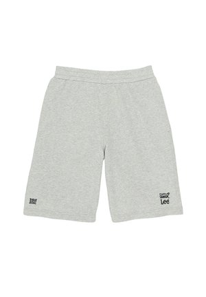 Grau Baumwollshorts mit elastischem Bund, mit einem kleinen schwarzen Logo am linken Bein. Glatte Textur und knielanges Design.