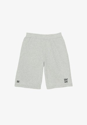 Grau Baumwollshorts mit elastischem Bund, mit einem kleinen schwarzen Logo am linken Bein. Glatte Textur und knielanges Design.