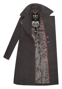 Manteau long en laine gris foncé avec col large, boutons croisés, et doublure satinée à motif lisse avec bordure rouge à l'intérieur.