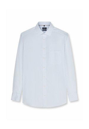 Herren langärmeliges weißes Hemd mit hellblauen vertikalen Streifen, Knopfleiste vorne, Brusttasche und klassischem Kragen.