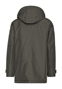Water-resistant hooded jacket in dark gray. Features a straight cut, smooth texture, and adjustable cuffs. Back view with no visible branding.