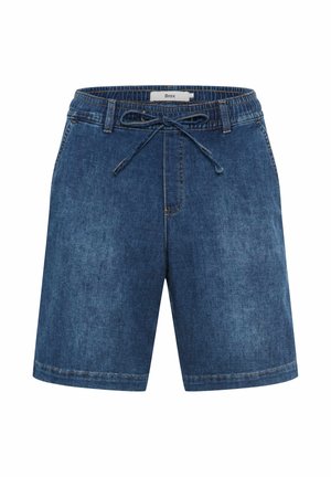 Denim shorts met een trekkoord in de taille, riemlussen en zichtbare stiksels, getoond op een witte achtergrond.