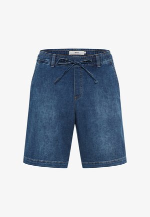 Denim shorts met een trekkoord in de taille, riemlussen en zichtbare stiksels, getoond op een witte achtergrond.