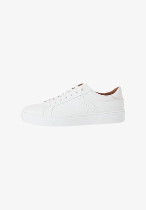 White leather sneaker with perforated side detail, flat laces, cushioned interior, and rubber sole. Rounded toe and low-top design.