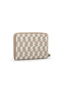 Portefeuille beige à fermeture éclair présentant un motif ondulé en beige clair et blanc, fabriqué en tissu résistant avec une surface texturée.