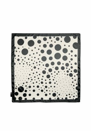 Weißer rechteckiger Schal mit einem schwarzen Rand, verziert mit einem Muster aus verstreuten schwarzen Kreisen in verschiedenen Größen.