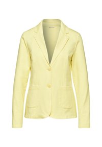 Lichtgele blazer van zachte stof, voorzien van een reverskraag met inkeping, twee zakken aan de voorkant en twee knopen voor het sluiten.