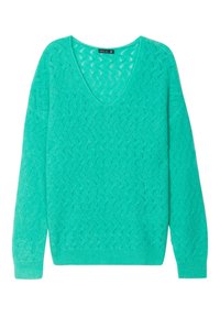 Türkise V-Ausschnitt-Strickjacke mit lockerer Passform, ausgestattet mit einem strukturierten Strickmuster und langen Ärmeln, die mit gerippten Bündchen und Saum abschließt.