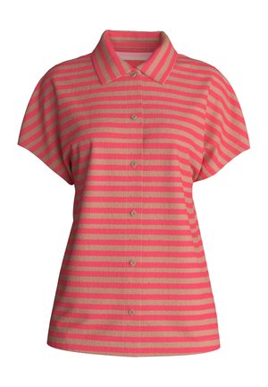 Short-sleeve button-up shirt with horizontal coral and beige stripes and a pointed collar.