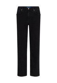 Pantalones vaqueros de mezclilla negra con corte recto, diseño de cinco bolsillos, costuras en contraste y acentos de metal. Textura suave.