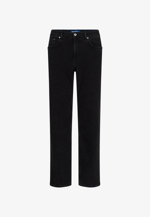 Fekete farmernadrág egyenes szabással, öt zsebbel, fém kiegészítőkkel és enyhén kopott hatású anyaggal.