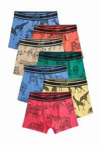 Herre boxer briefs sæt med seks farver: blå, rød, beige, grøn, gul og pink, hver med dyreprintdesign og sorte bånd.