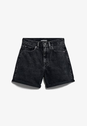 Zwarte denimshorts met een hoge taille, opgerolde zomen en vijfzakkenontwerp. Voorzien van een knoopsluiting en contrasterende stiksels.