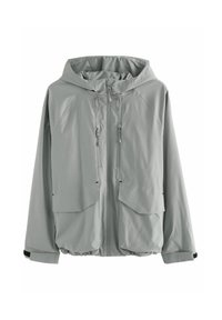 Veste à capuche gris clair avec fermeture éclair frontale, deux poches poitrine verticales zippées, deux poches à rabat et poignets ajustables.