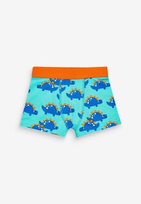 Blauwe boxershorts met dinosaurussenprint en een oranje tailleband, gemaakt van zachte stof. Bevat speelse, veelkleurige stekels en heeft een slimfit ontwerp.