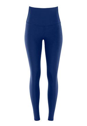 Navy blue leggings with a high waistband, made from a smooth, stretchy material. Features a form-fitting design without patterns or hardware.
