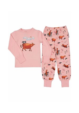 Vaaleanpunainen lasten pitkähihaiset paita ja housut, joissa on kuvioita lehmästä, linnuista, pilvistä ja housuissa lehmä pyöräilemässä.