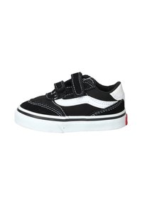 Zapatillas de skate de lona negra con acentos blancos, que presentan dos tiras de Velcro y una suela de goma con agarre texturizado y detalle en el talón rojo.