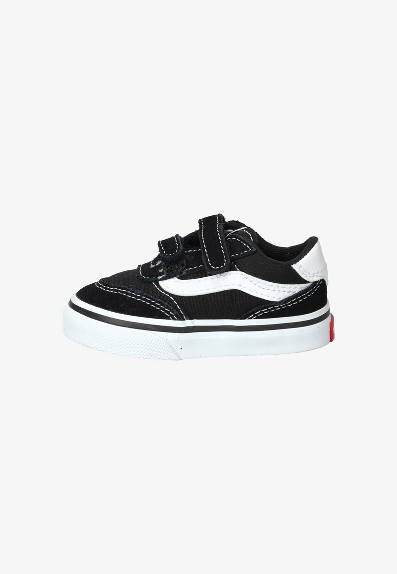 Zapatillas de skate de lona negra con acentos blancos, que presentan dos tiras de Velcro y una suela de goma con agarre texturizado y detalle en el talón rojo.