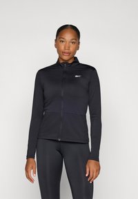 Black zip-up athletic jacket with long sleeves, made of smooth fabric, featuring a stand-up collar and a small logo on the left chest.