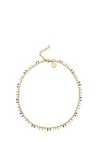 Collar de cadena de oro con acentos de cuentas multicolores de varias formas a lo largo de la longitud, con un cierre y cadena ajustable.