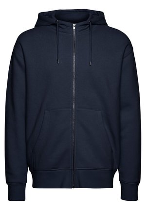 Marineblå hættetrøje med lynlås foran, forlommer, snørre i hætten samt ribkant ved ærmer og bund.