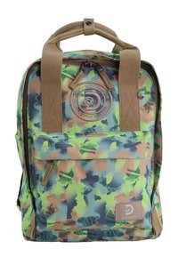 Zaino con motivo mimetico nei toni del verde, blu e marrone. Realizzato in tessuto resistente, presenta due tasche frontali con zip e spallacci color sabbia.