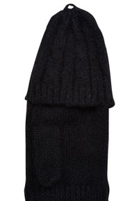 Bonnet en maille noire avec un rebord côtelé et une poche intégrée. Texture douce et forme arrondie pour la chaleur et le confort.