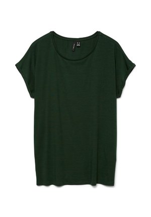 Tume roheline lühikeste varrukatega T-särk, millel on ümar kaelus ja mugav lõige. Pehme tekstuur, ei ole nähtavaid mustreid ega lisandeid.