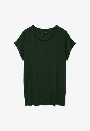 Ciemnozielona koszulka z krótkim rękawem o okrągłym dekolcie i luźnym kroju. Miękka tekstura, bez widocznych wzorów czy ozdób.