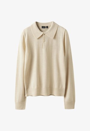 Maglione polo beige a maniche lunghe realizzato in tessuto morbido. Presenta un colletto classico, patta con tre bottoni e polsini e orlo a coste.