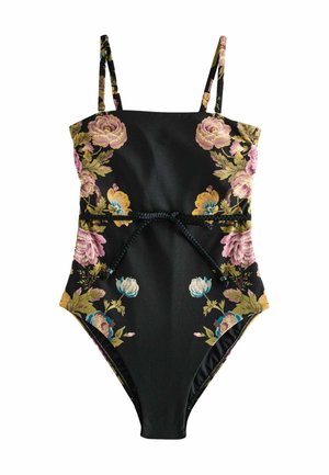 Black one-piece swimsuit with floral patterns in pink, yellow, and blue, featuring thin straps and a braided belt tied at the waist.
