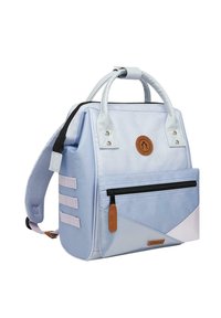 Light blue multi-functional backpack with dual top handles, adjustable straps, front zipper pocket, and geometric color-block design.