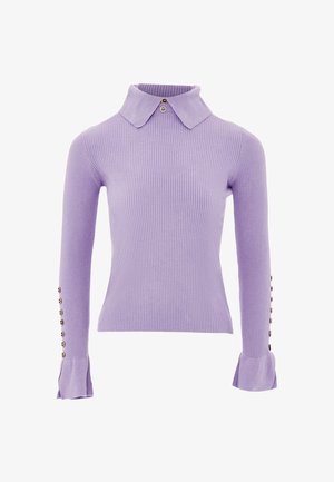 Lilac ribbed sweater with long sleeves, a collared neck, and button accents on the cuffs. Soft texture and fitted design.