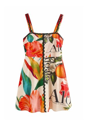 Rochie fără mâneci cu imprimeu tropical cu flori portocalii și roșii, frunze verzi, margine neagră ondulată și textul „Aloha” pe fundal crem.