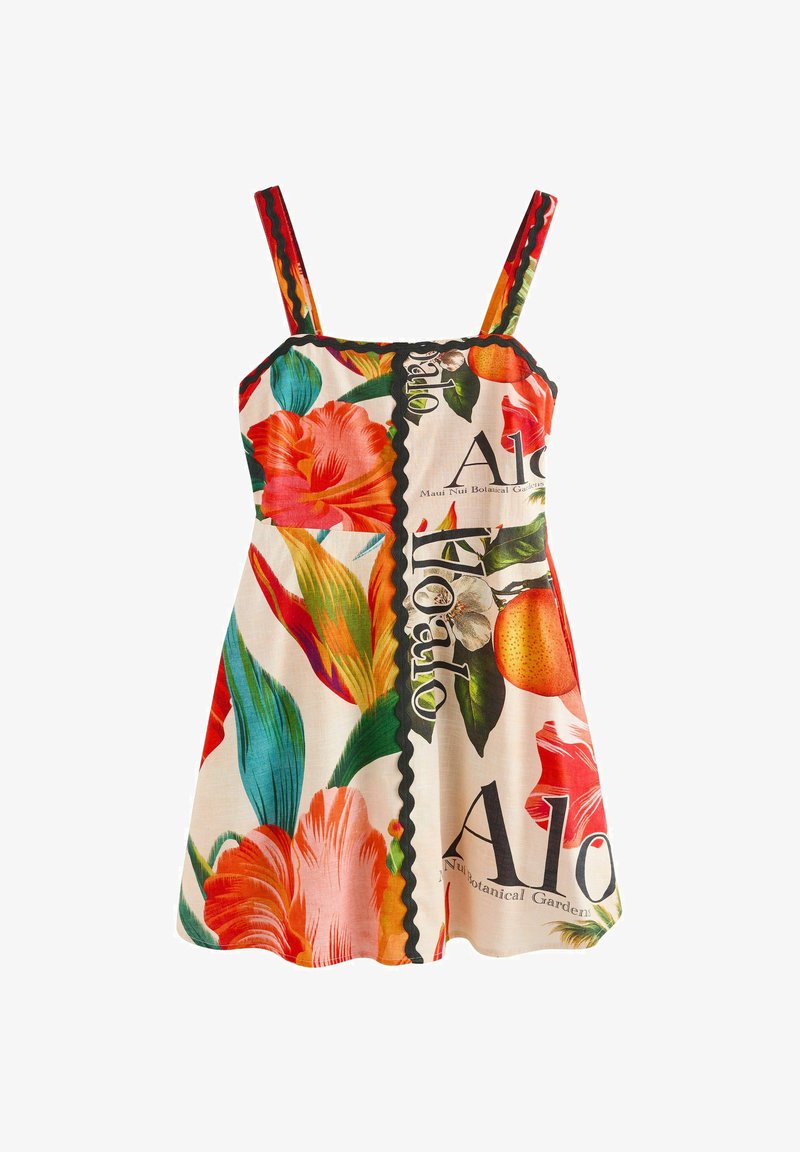 Robe sans manches à imprimé tropical avec des fleurs orange et rouges, des feuilles vertes, un liseré noir ondulé, et le texte "Aloha" sur fond crème.