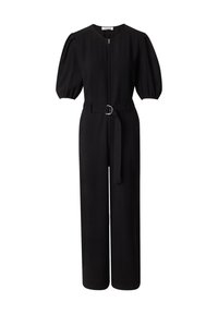 Zwarte jumpsuit met korte, opgeblazen mouwen, een ronde halslijn en een voorrits. Voorzien van een bijpassende riem met een ronde gesp.