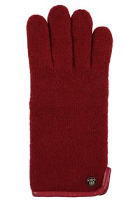 Rote gestrickte Handschuhe mit weicher Textur, fünf Finger Design und einem ledernen Bund mit einem kleinen runden Logo im Handgelenkbereich.