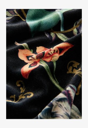 Black fabric featuring vibrant floral patterns in orange and green, with smooth texture and intricate gold accents throughout.